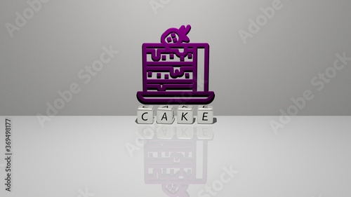 3D representation of CAKE with icon on the wall and text arranged by metallic cubic letters on a mirror floor for concept meaning and slideshow presentation. background and illustration