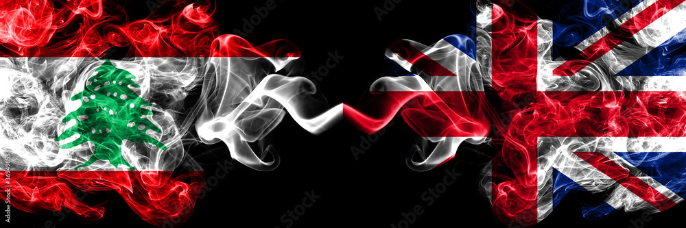 Lebanon vs United Kingdom, British smoky mystic flags placed side by side. Thick colored silky abstract smoke flags.