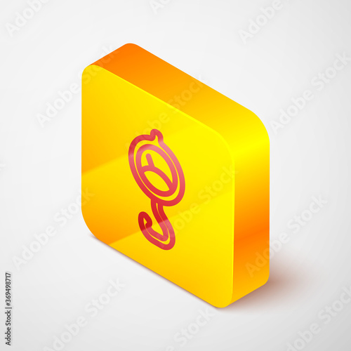 Isometric line Spring scale icon isolated on grey background. Balance for weighing. Determination of weight. Yellow square button. Vector.