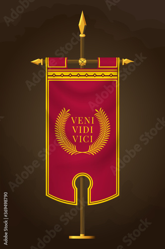 Medieval Vertical Banner with Latin Quote. Veni Vidi Vici. Wall Hangings Flag. War Pennant for Game with Easy Replaceable Emblem photo