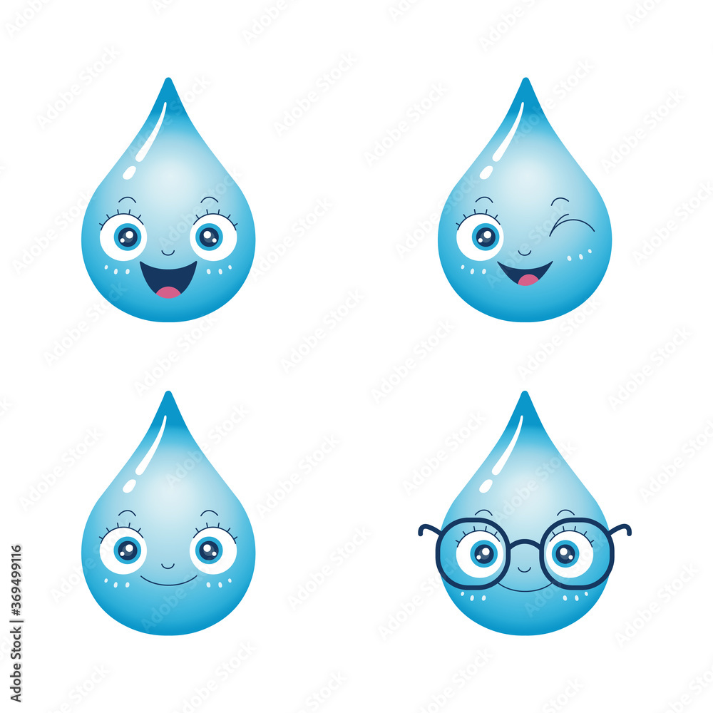 Vector set of cute water drop characters. Smart blue aqua droplets smile and wink. Fun and happy cartoons with eyes and mouth. Clear and pure h2o. Falling rain drops isolated on white background Vector set of cute water drop characters. Smart blue aqua droplets smile and wink. Fun and happy cartoons with eyes and mouth. Clear and pure h2o. Falling rain drops isolated on white background