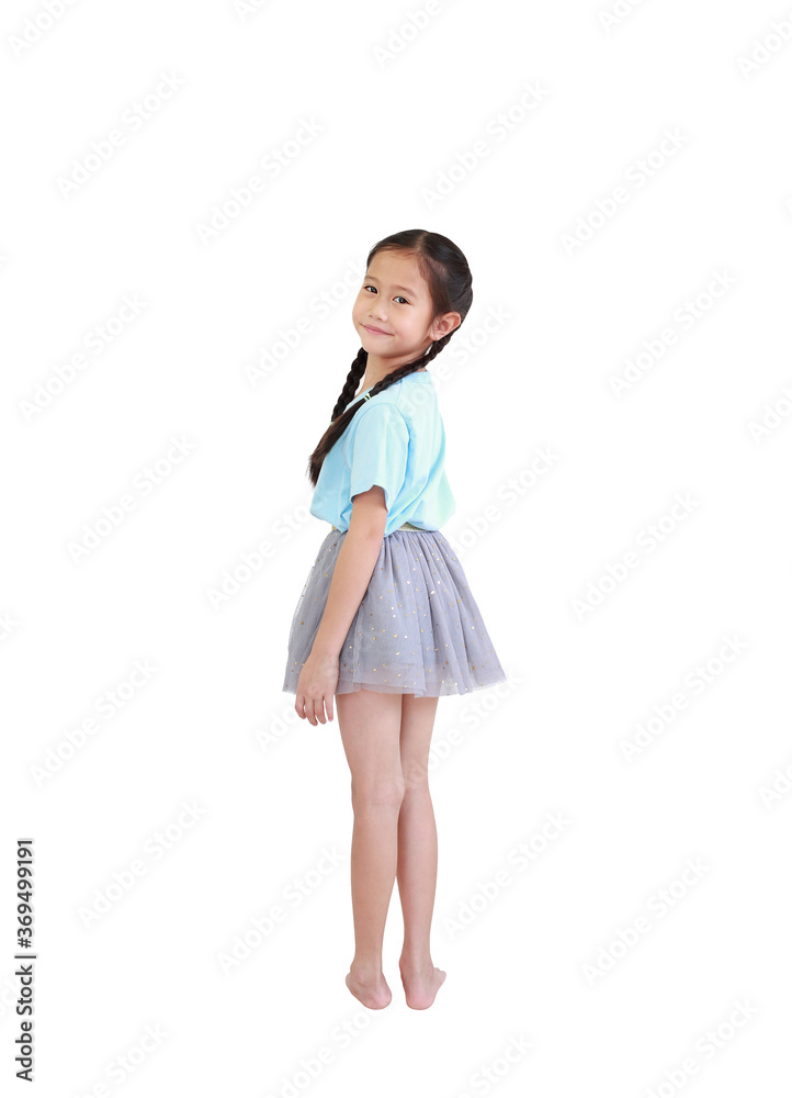 Asian little child girl with pigtail hair twisted necklace look back isolated over white background Asian little child girl with pigtail hair twisted necklace look back isolated over white background