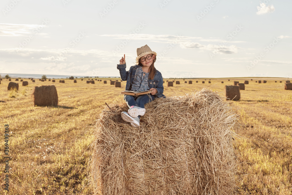 Reading girl sits over the haystack roll on field in countryside. High quality photo