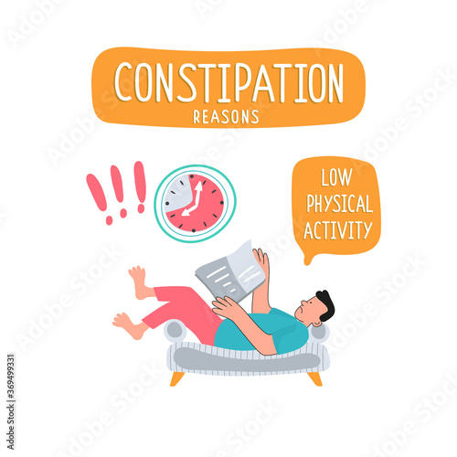 A man is lying on the sofa reading a newspaper.
Low physical activity of patients
with a constipation problem. 
Vector illustration of the causes of constipation