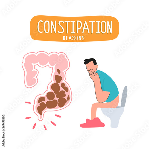 A man on the toilet is experiencing problems with defecation.
Constipation in humans. Intestines with stuck fecal masses 
Vector illustration of gastroenterology medical posters
