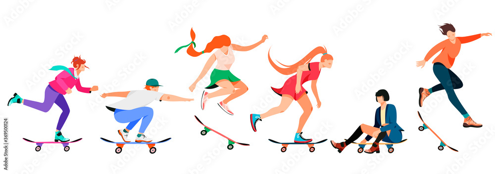 Isolated on white collection of people on a skateboard vector illustration. Set of characters riding a board design element. Modern activity, urban vehicle in flat cartoon style. Isolated on white collection of people on a skateboard vector illustration. Set of characters riding a board design element. Modern activity, urban vehicle in flat cartoon style.