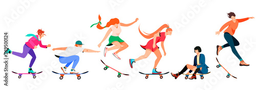 Isolated on white collection of people on a skateboard vector illustration. Set of characters riding a board design element. Modern activity  urban vehicle in flat cartoon style.