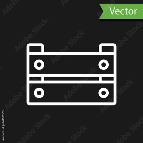 White line Wooden box icon isolated on black background. Grocery basket, storehouse crate. Empty wooden container for vegetables, products. Vector.