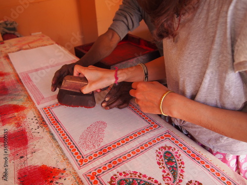 A handkerchief made in the traditional Indian technique of block printing, Jaipur, Rajasthan, Western India, India