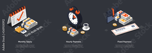 Concept Of Wages. Negotiations Of Monthly Salary, Hourly Payment And Fixed Payment. Office Items With Different Options Of Salary. Calculating Payment, Salary, Taxes. Isometric 3D Vector Illustration