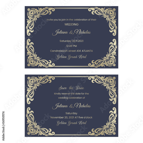 Wedding  Invitation and save the date card  with baroque pattern blue and gold color.  Beautiful Victorian ornament. Frame with floral elements. Vector illustration.  Size: 6" x 4".
