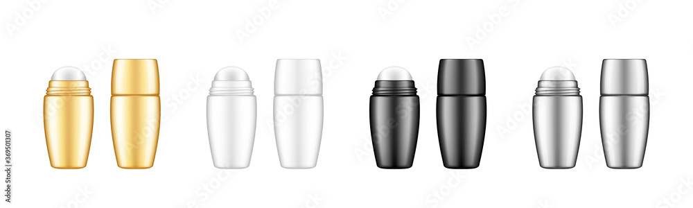 Roller bottle deodorant, or serum, cream, essential oil. Body care cosmetic template. Blank black, white, silver, gold product containers mockup set. Packaging design. 3d realistic vector illustration Roller bottle deodorant, or serum, cream, essential oil. Body care cosmetic template. Blank black, white, silver, gold product containers mockup set. Packaging design. 3d realistic vector illustration