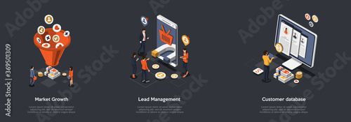 Concept Of Business Management And Market Growth. Lead Management With Business Creative Team Analyse Customer Database, Make Restructuring And Increase Of Sales. Isometric 3D Vector Illustration