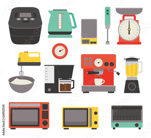 キッチン 電化製品 キッチン雑貨 電子レンジ トースター ミキサー コーヒーメーカー エスプレッソマシーン 炊飯器 計量器 はかり ブレンダー ベクター アイコン セット Stock Vector Adobe Stock