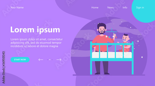 New dad playing with baby in crib. Rattle toy, soothing child for sleeping flat vector illustration. Childhood, childcare, parenthood concept for banner, website design or landing web page