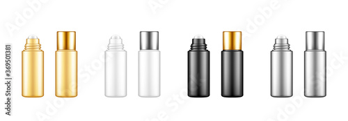 Roller bottle with serum,cream, essential oil for lifting, face care, wrinkle prevent. Blank black, golden, silver, white cosmetic product container mockups. Packaging design. 3d realistic vector