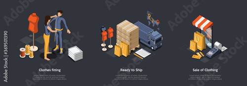 Clothing Production From Availability And Under Order. Process Of Sew Fashion Clothes On Factory, Sale Goods, Ship Items Anywhere In World By Land And Sea Transport. Isometric 3D Vector Illustration photo