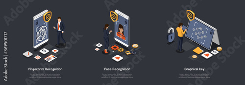 Cyber Security Of Mobile And Computer Network Concept. Men And Women Set Protection On Gadgets In Form Of Fingerprint Protection, Face Recognition And Graphical Key. Isometric 3d Vector Illustration
