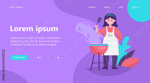 Happy woman grilling barbecue meat. Female chef in apron holding spatula, cooking in garden flat vector illustration. BBQ party, summer, food concept for banner, website design or landing web page