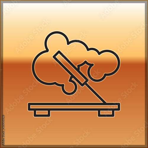 Black line Scented spa stick on a wooden stand icon isolated on gold background. Incense stick. Cosmetic procedure aromatherapy. Vector.