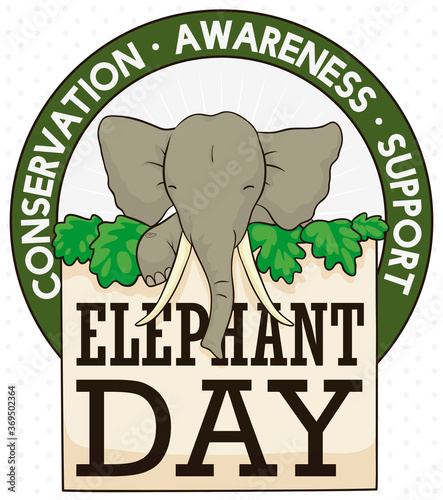 Button, Precepts, Sign, Leaves and Smiling Elephant Celebrating its Day, Vector Illustration
