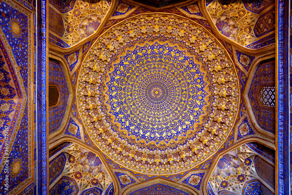 Photo of a beautiful ceiling of an ornamental mosque in Uzbekistan