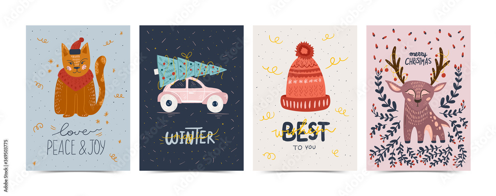 Fototapeta premium Merry Christmas and Happy New Year illustration. Trendy style. Vector design template. Design for poster, card, invitation, placard, brochure, flyer.