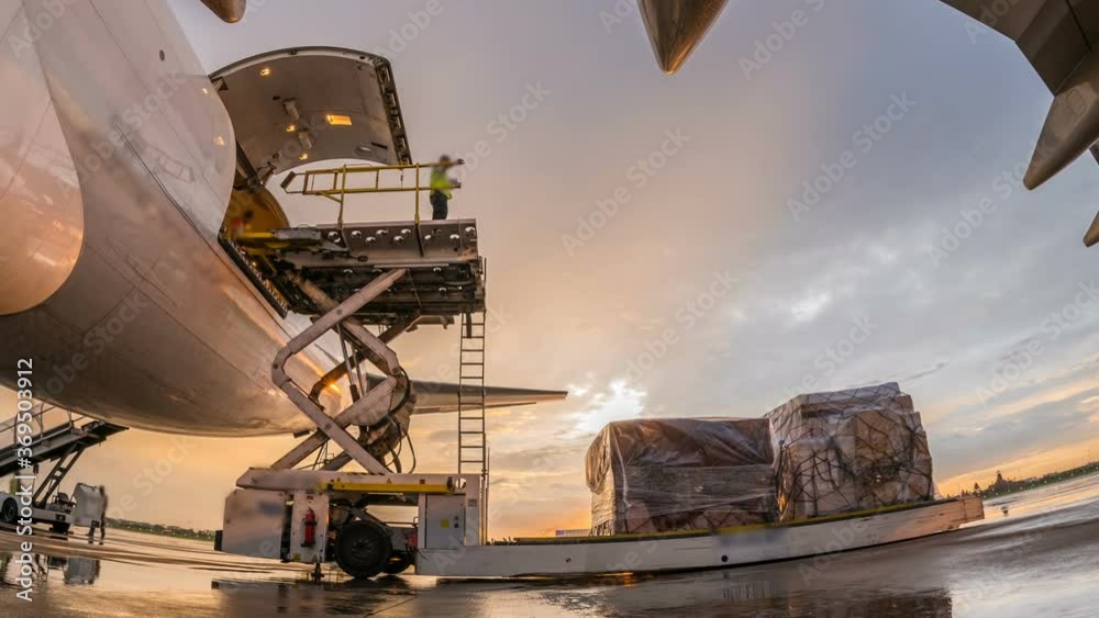 Time lapse business of air cargo freighter with import and export - Fisheye lens