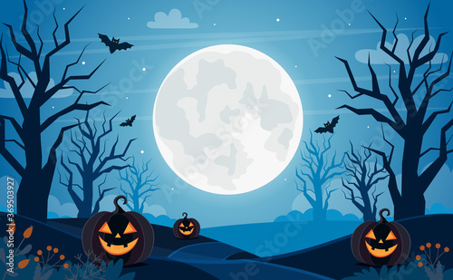 Halloween background with full moon, pumpkins and trees