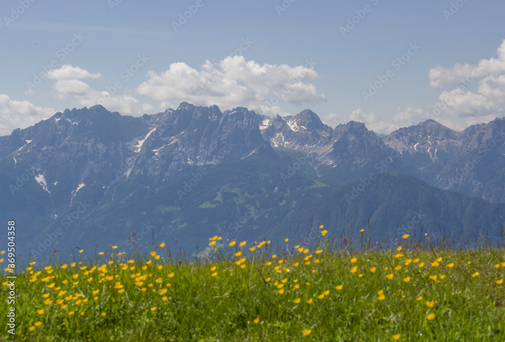 beautiful nature green mountain summer landscape, background with fields, flowers, mountains and blue skies, Copy space of summer vacation and business travel concept.