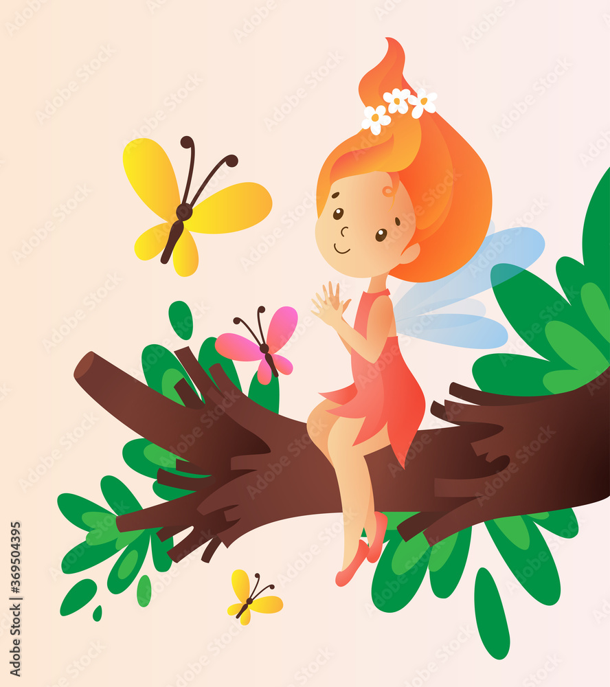 Little cute fairy sitting on the tree branch surounded by flying Little cute fairy sitting on the tree branch surounded by flying