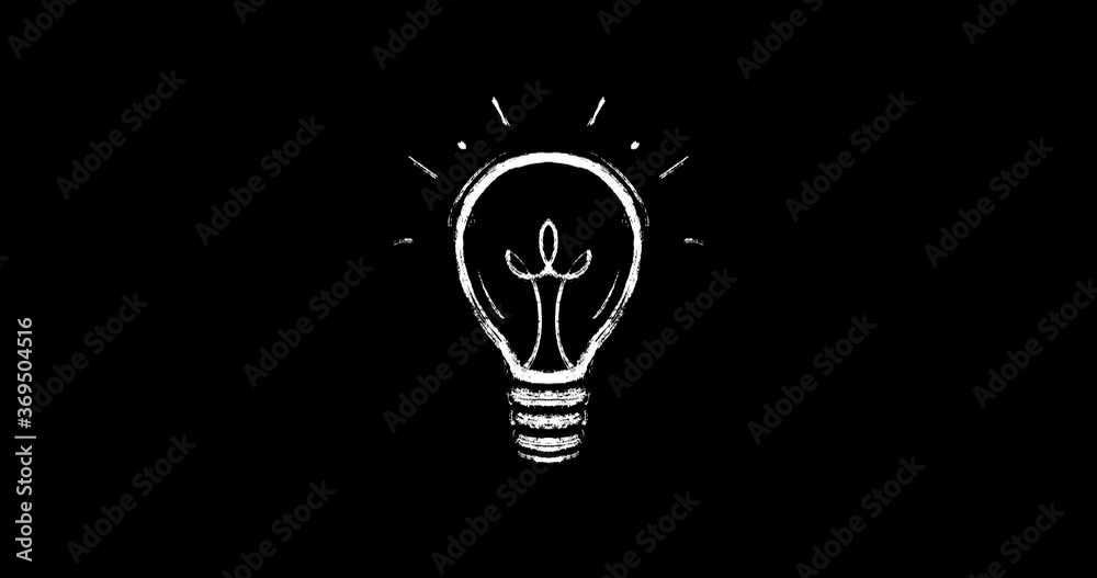 animation,2D animation of a light bulb drawn with white chalk on a black background.drawn with a white dry brush by hand. Symbolizes insight or solution to a problem. animation of light bulb turned on