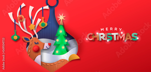 Merry christmas paper cut deer bauble ball banner
