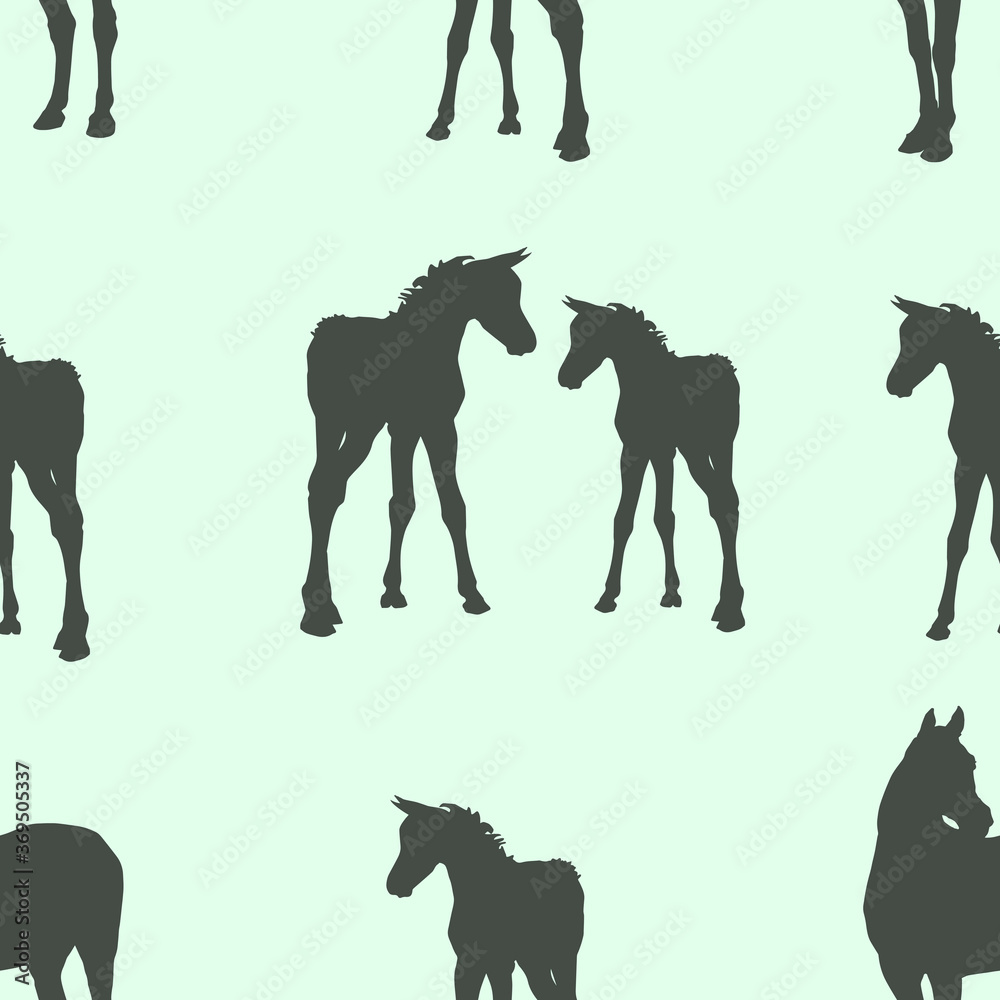 seamless background of figures of Arabian horses, a Mare with a foal and a stallion on a white background seamless background of figures of Arabian horses, a Mare with a foal and a stallion on a white background