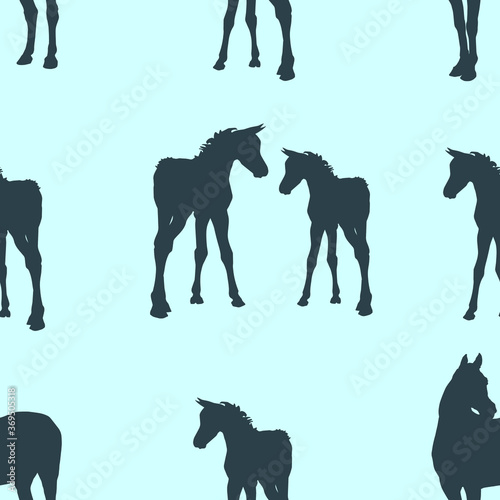 seamless background of figures of Arabian horses, a Mare with a foal and a stallion on a blue background