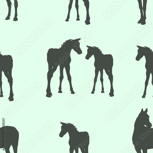 seamless background of figures of Arabian horses  a Mare with a foal and a stallion on a white background