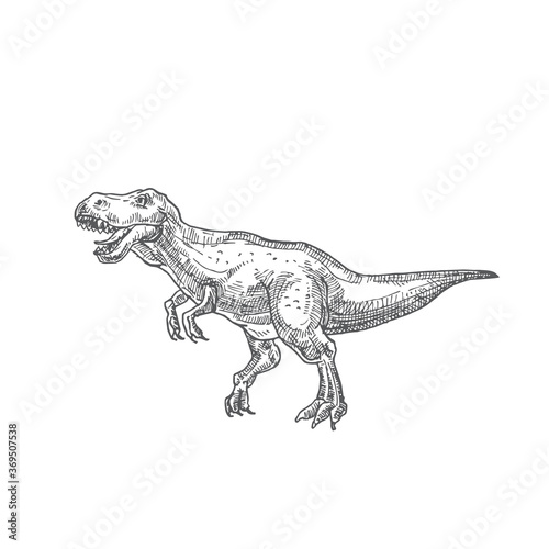 Prehistoric Dinosaur Doodle Vector Illustration. Hand Drawn Tyrannosaurus Rex Reptile Engraving Style Drawing.