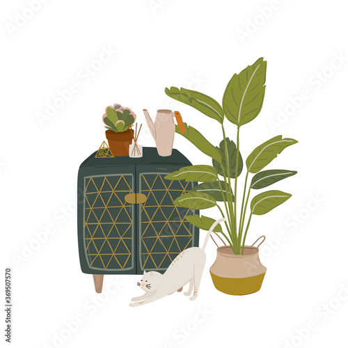 Trendy Scandinavian Urban Greenery at Home Jungle Interior with home decorations. Cozy Home Garden furnished in Hygge style. Crazy Plant Lady illustration. Isolated Vector