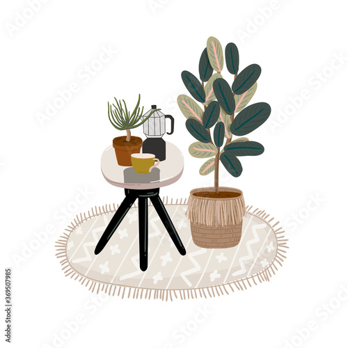 Trendy Scandinavian Urban Greenery at Home Jungle Interior with home decorations. Cozy Home Garden furnished in Hygge style. Crazy Plant Lady illustration. Isolated Vector