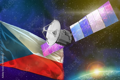 Space communications technology concept - satellite with Czechia flag, 3D Illustration