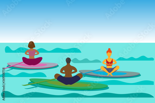 SUP Yoga. Lotus position. Group of relaxed people on supboards during yoga meditation, Stand up paddleboard yoga. © Denis