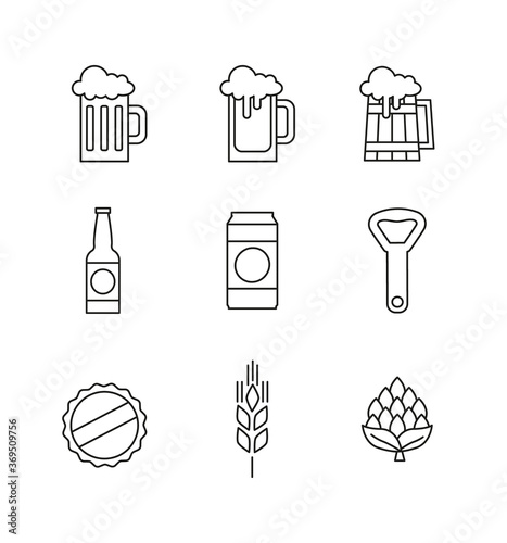 Set of different beer thin line icons for bar or pub. Brewery or craft beer making flat pictograms collection