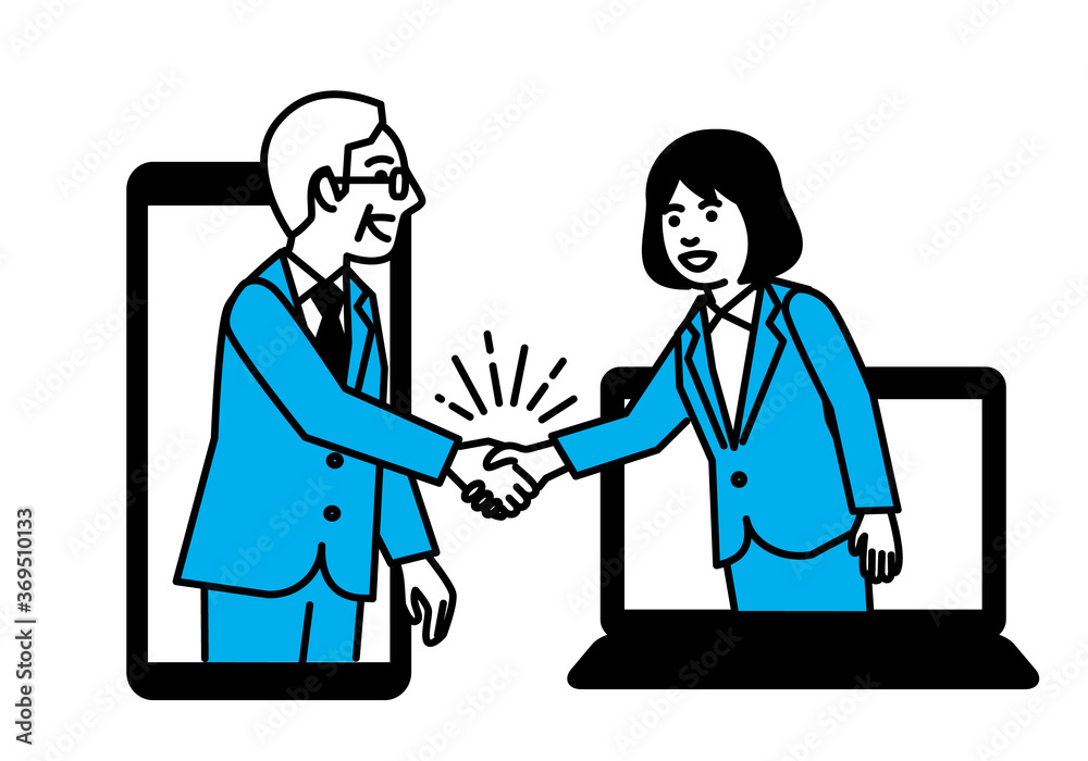 Business people shaking hands through smartphone and laptop. Vector illustration. Business people shaking hands through smartphone and laptop. Vector illustration.