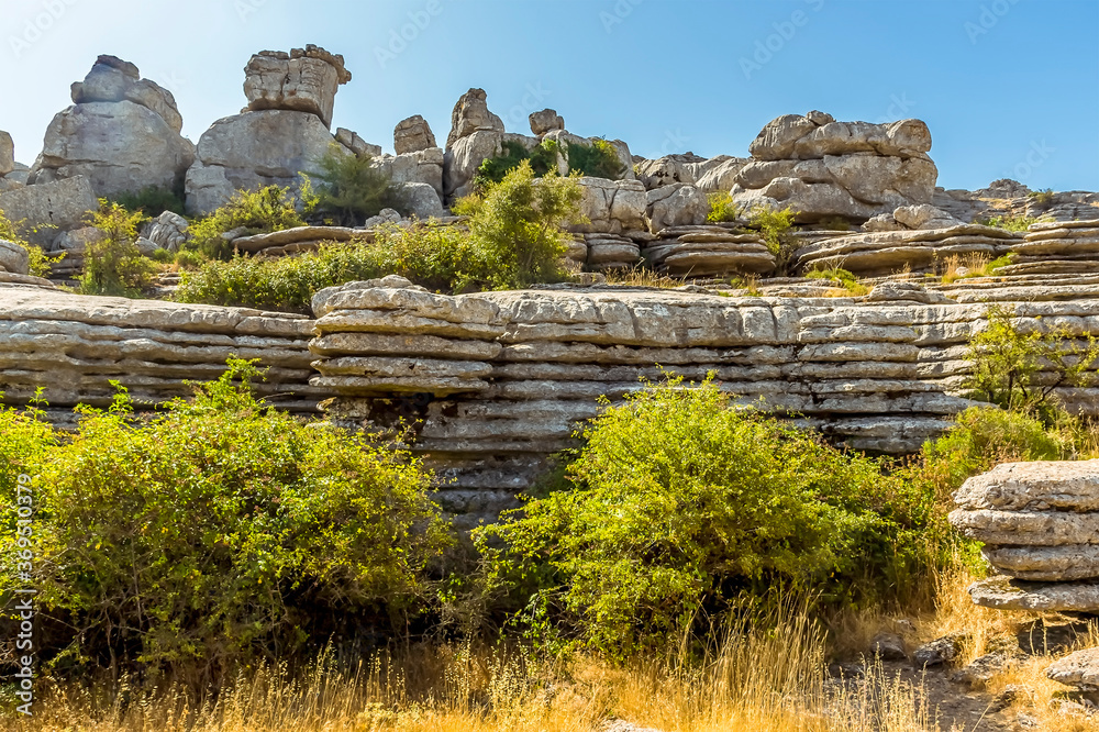 A close-up view of  weathered limestone horizontal bedding planes in the Karst landscape of El Torcal near to Antequera, Spain in the summertime