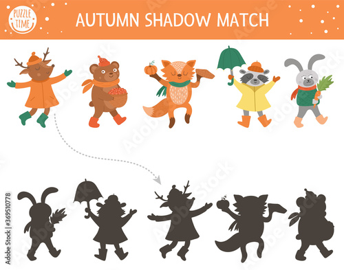 Autumn shadow matching activity for children. Fall season puzzle with cute animals in hats, scarves, boots. Simple educational game for kids. Find the correct silhouette printable worksheet. .