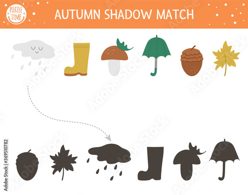 Autumn shadow matching activity for children. Fall season puzzle with cute objects. Simple educational game for kids with umbrella, cloud, leaf. Find the correct silhouette printable worksheet. .