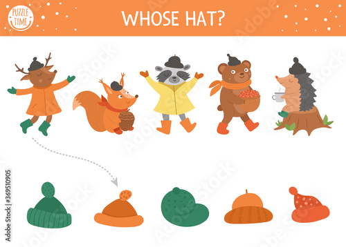 Autumn shadow matching activity for children. Fall season puzzle with cute animals. Simple whose hat educational game for kids. Find the correct silhouette printable worksheet. .