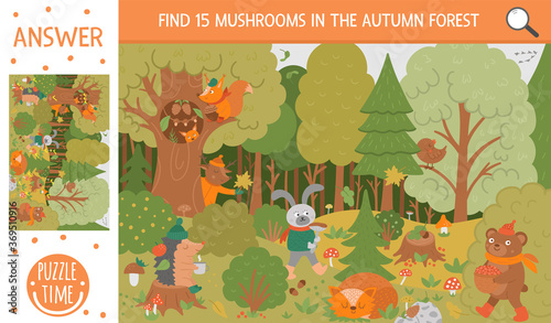 Vector autumn searching game with cute woodland animals. Find hidden mushrooms in the forest. Simple fun educational fall season printable activity for kids.