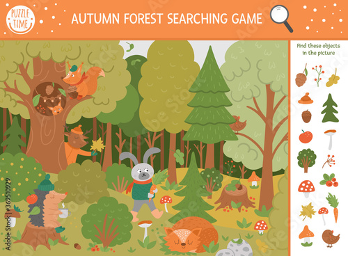 Vector autumn searching game with cute woodland animals. Find hidden objects in the forest. Simple fun educational fall season printable activity for kids with mushrooms, berries, plants.
