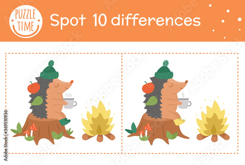 Autumn find differences game for children. Fall season educational activity with hedgehog sitting in a stump near the fire. Printable worksheet with funny smiling animal. Cute forest scene.